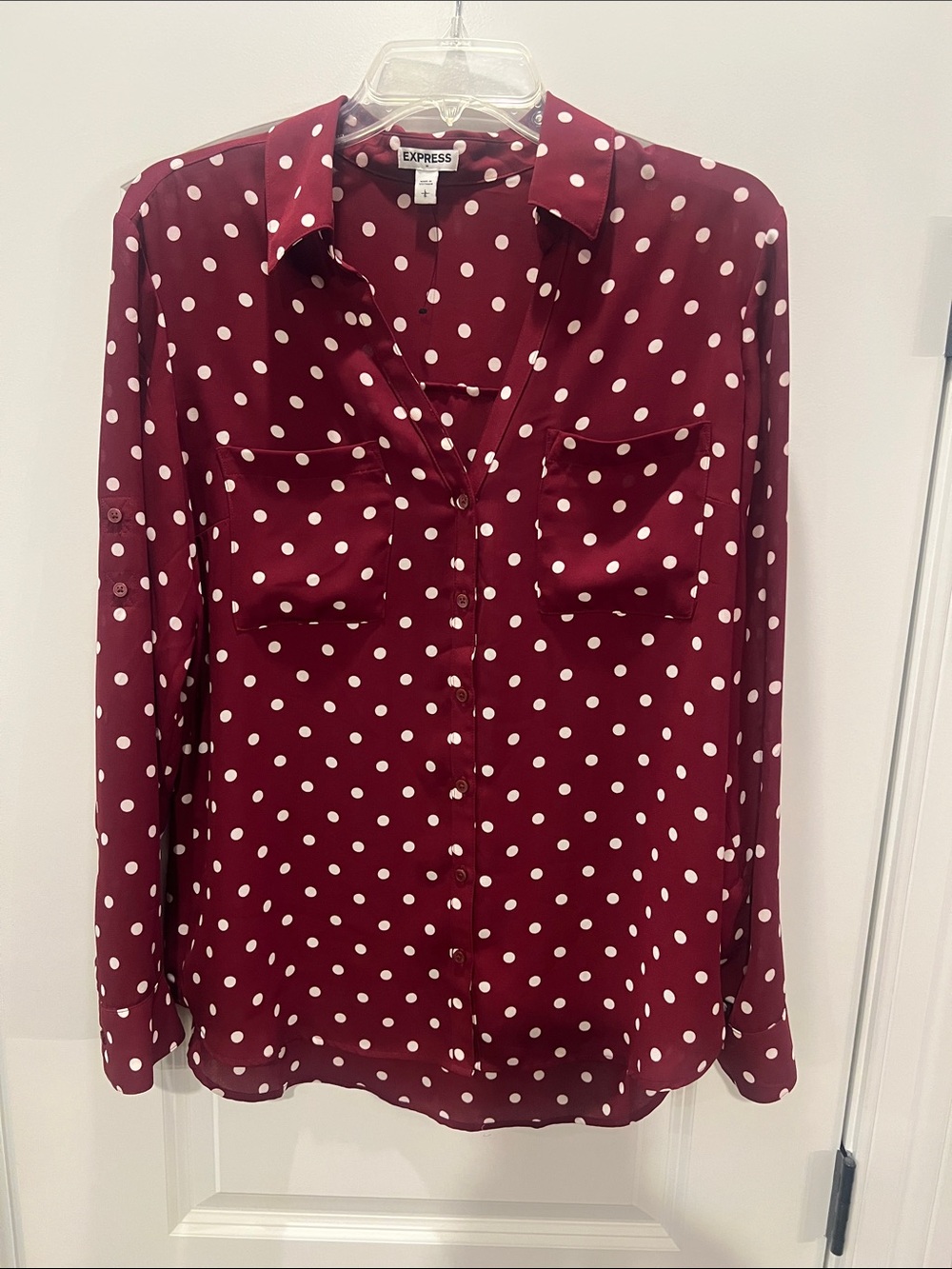 Express Burgundy Polka Dot Button-Down Blouse